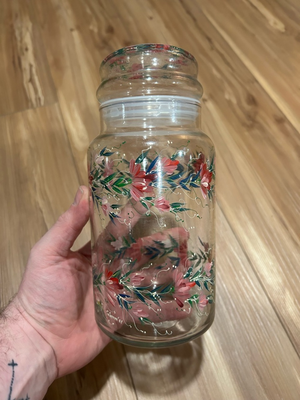 Hand-Painted Floral Glass Canister - Pink Floral Design